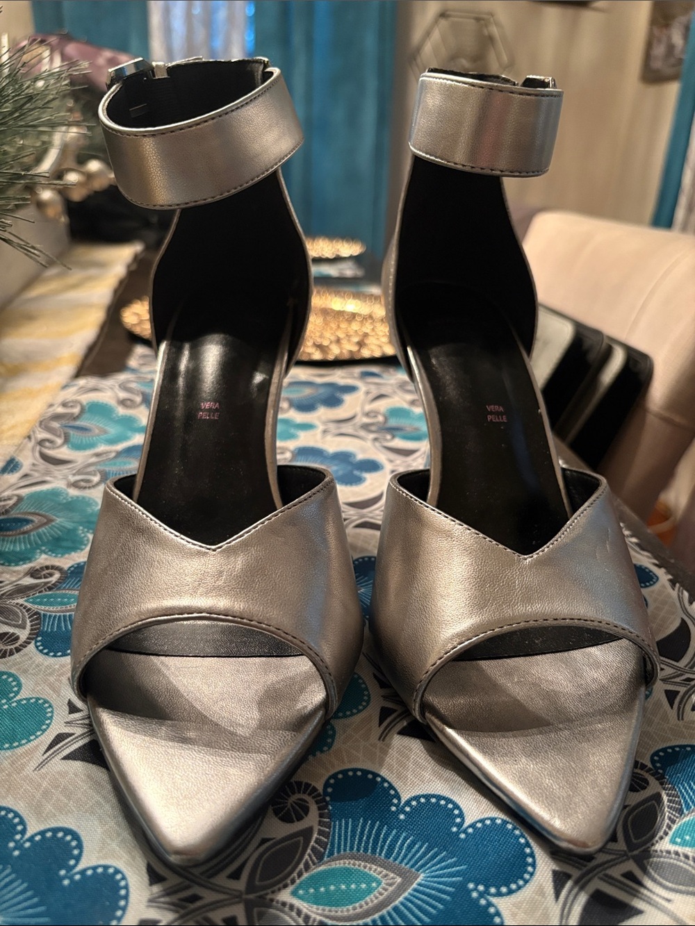Metallic Silver Pointed-Toe Ankle-Strap Heels